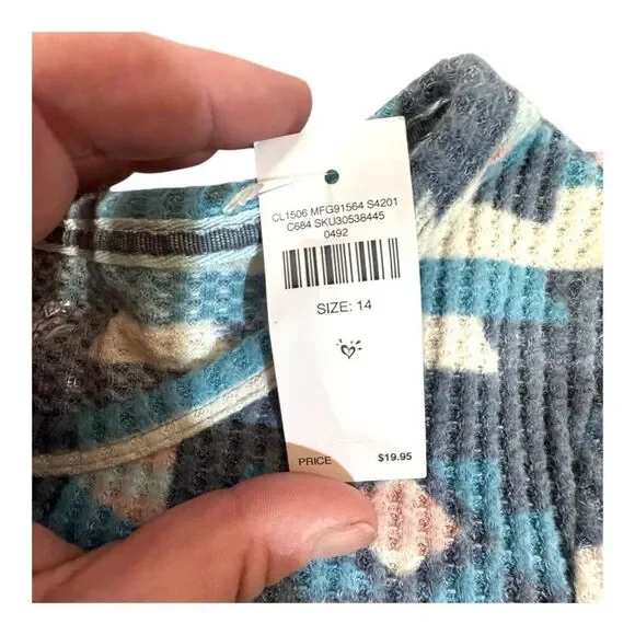 Justice Aztec Print Long Sleeve Waffle Knit Top Size 14 Girls NEW with tag - Picture 3 of 4